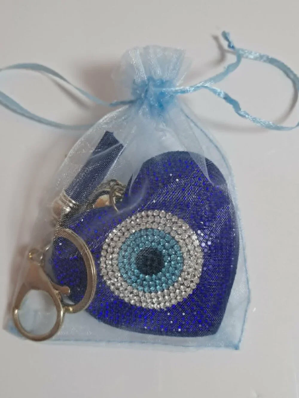 Blue Crystal Heart Evil Eye Rhinestone Tassel Keychain